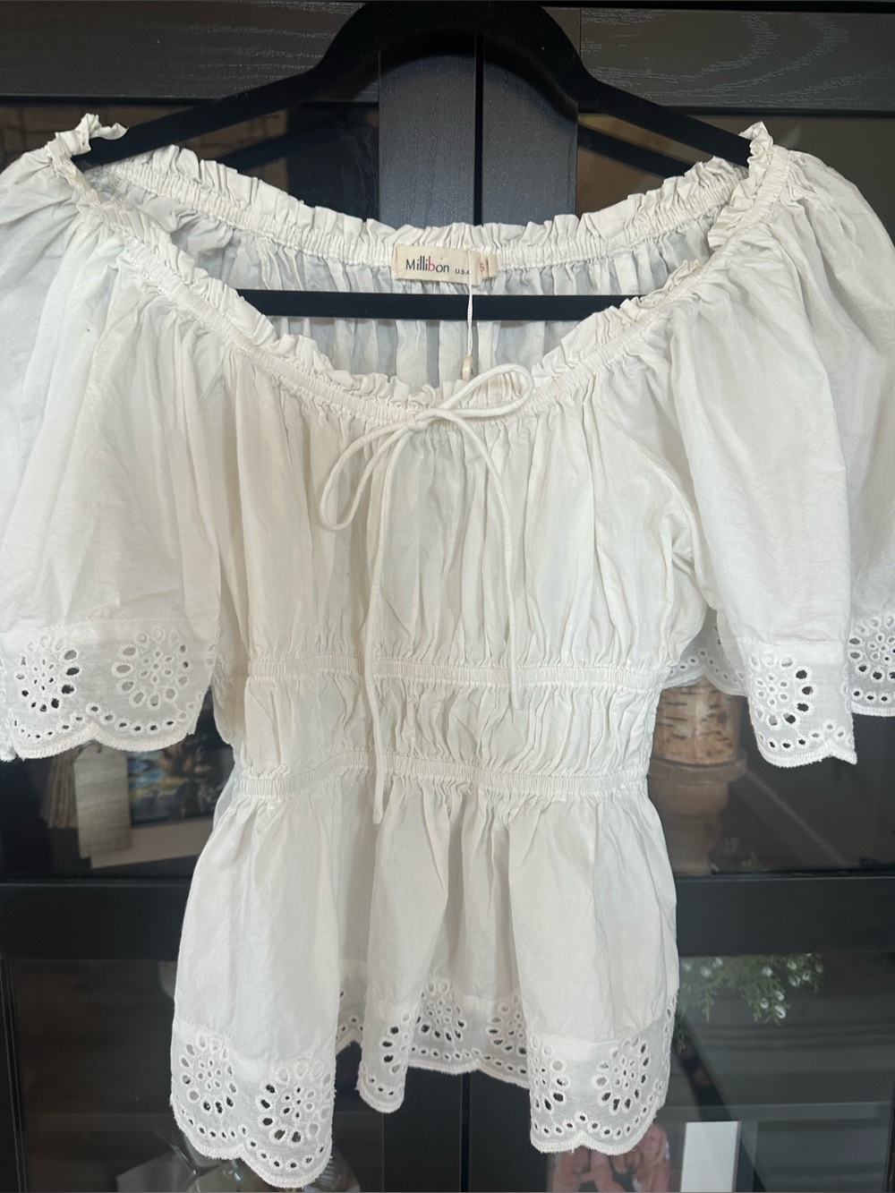Millibon Cotton White Eyelet Puff Sleeve Peplum Peasant Blouse - Picture 2 of 4